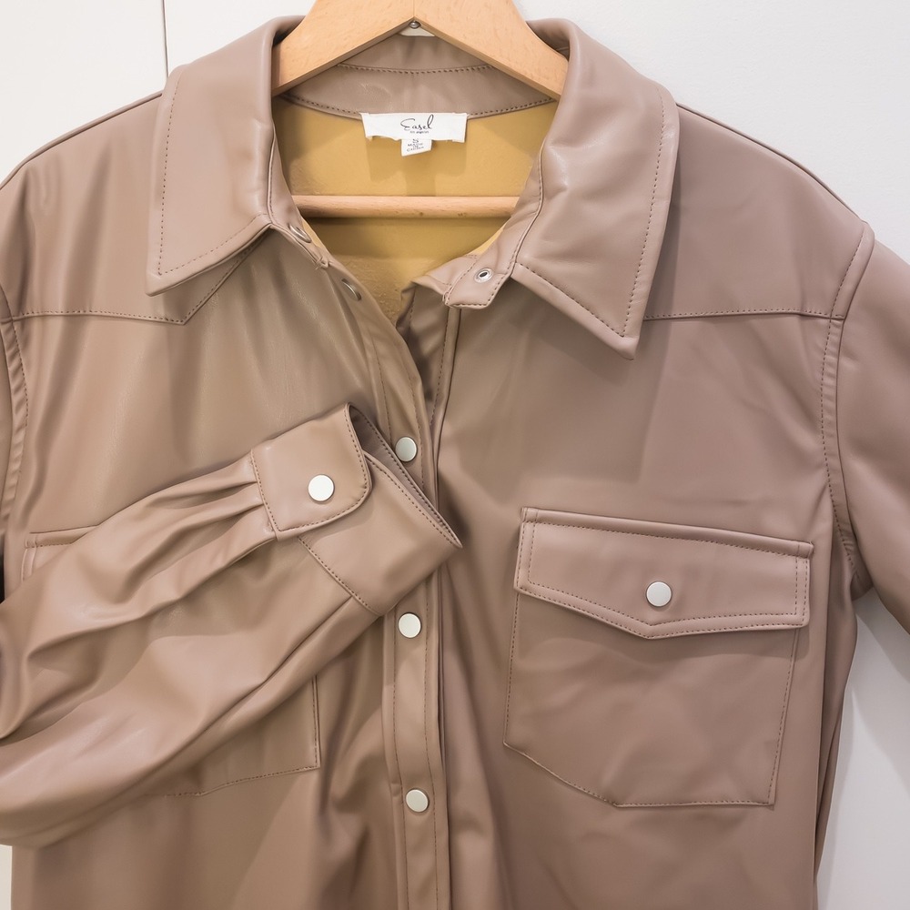 Easel Button-down Women S Tan Faux Leather Longline Shacket Jacket